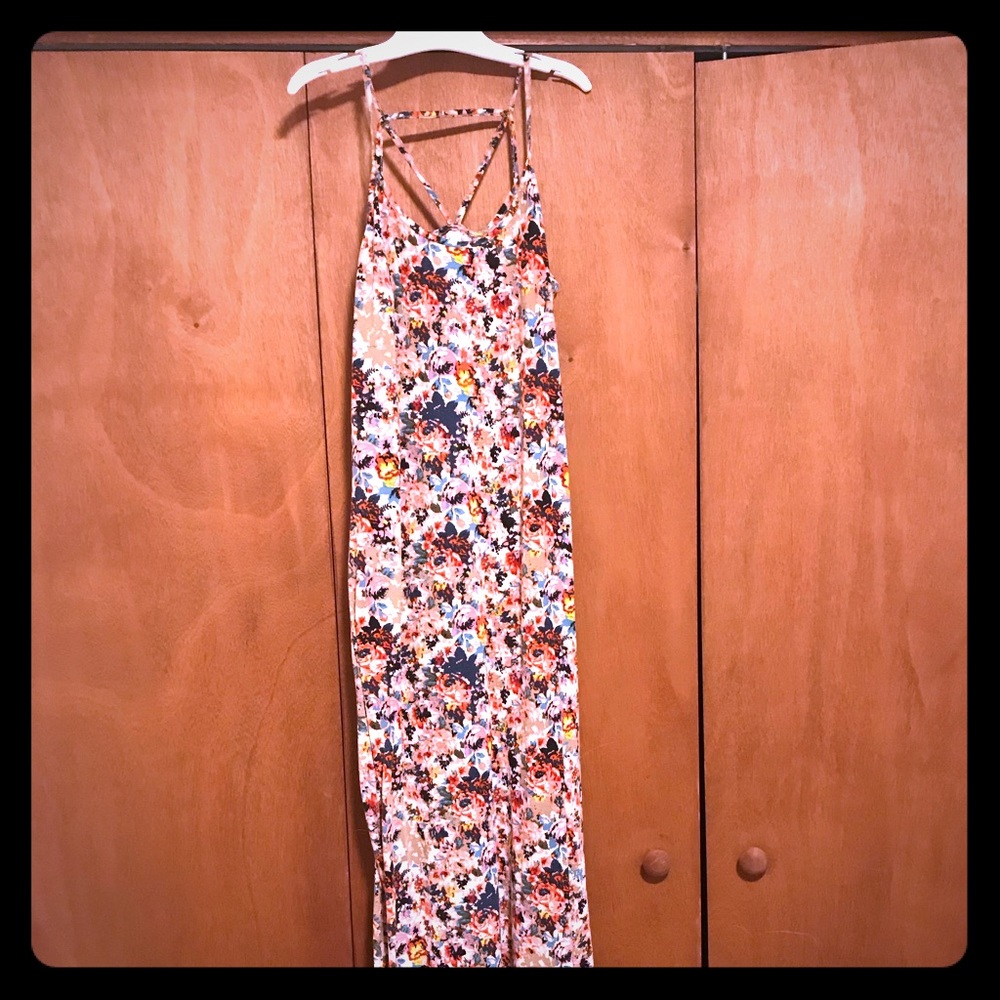 Long pink flowered summer dress.